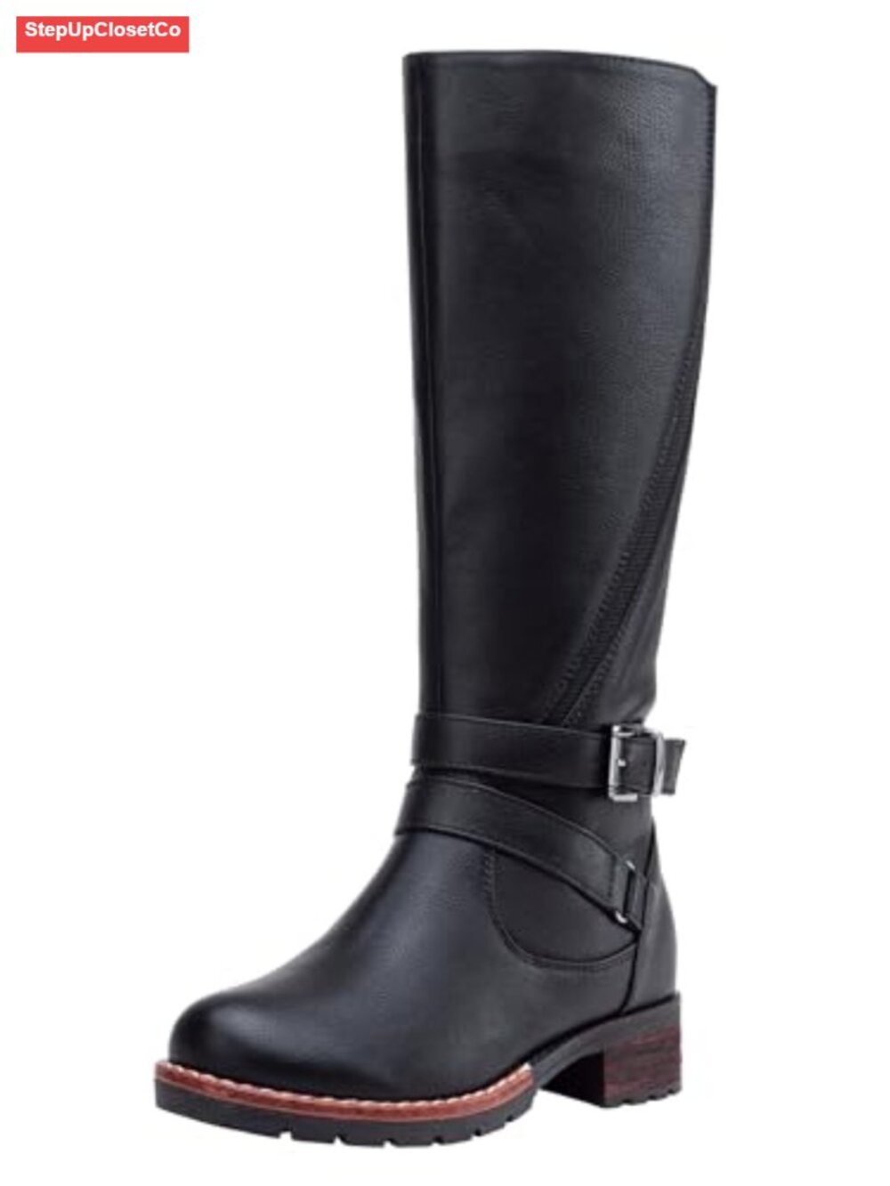 Women's Knee High Riding Boots with Zipper and Buckle Straps Faux Leather